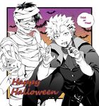  azechi bad_id bad_pixiv_id bat blood blood_from_mouth fangs fingernails halloween happy_halloween highres kaidou_shun kuboyasu_aren looking_at_viewer male_focus multiple_boys mummy saiki_kusuo_no_psi_nan sharp_fingernails silk smile spider_web trick_or_treat vampire 