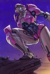  1girl arcee autobot blue_eyes breasts helmet highres humanoid_robot insignia medium_breasts metal_skin oberon826 robot robot_girl science_fiction solo thighs transformers transformers_one 