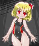  arms_at_sides bangs bare_arms bare_shoulders black_swimsuit blonde_hair blush breasts closed_mouth collarbone competition_swimsuit contrapposto covered_navel cowboy_shot eyebrows_visible_through_hair grass grey_background hair_ribbon looking_at_viewer one-piece_swimsuit red_eyes red_ribbon ribbon rumia shiny shiny_clothes shiny_hair shiny_skin short_hair small_breasts smile solo standing swimsuit tareme touhou tree winn 