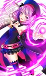  armpits bare_shoulders black_legwear blush book detached_sleeves fate/grand_order fate_(series) flat_chest helena_blavatsky_(fate/grand_order) highres looking_at_viewer open_mouth purple_eyes purple_hair sheepd short_hair solo spell strapless tree_of_life 
