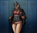  anthro breasts canine clothed clothing doberman dog female locker looking_at_viewer mammal sheriff smile solo standing undressing vyotl_(artist) 