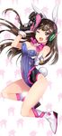  ;d animal_ears black_hair blue_leotard boots breasts brown_eyes bunny_ears cleavage covered_navel d.va_(overwatch) fang floating_hair full_body gloves gun heart highres holding holding_gun holding_weapon index_finger_raised leotard long_hair medium_breasts namunamu03 neck_ribbon one_eye_closed open_mouth overwatch pink_ribbon ribbon shiny shiny_skin smile solo strapless strapless_leotard weapon white_footwear white_gloves 