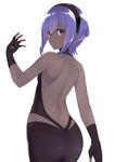  absurdres ass backless_outfit bangs bare_back bare_shoulders black_gloves black_hairband blush butt_crack dark_skin fate/prototype fate/prototype:_fragments_of_blue_and_silver fate_(series) fingerless_gloves from_behind gloves go-1 hairband hassan_of_serenity_(fate) highres looking_at_viewer looking_back purple_eyes purple_hair shiny shiny_hair short_hair simple_background smile solo white_background 