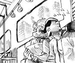 2024 anthro bald banco baryonyx black_and_white cavemanon_studios clothing dinosaur duo female fingers hair hand_holding hoodie human i_wani_hug_that_gator inco_(iwhtg) jacket male male/female mammal monochrome olivia_halford prehistoric_species rapid_transit reptile scalie short_hair sitting smile snout spinosaurid theropod topwear