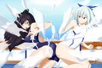  2girls ass ass-to-ass ass_press bare_shoulders black_hair blake_belladonna blue_eyes breasts competition_swimsuit crossover hair_ribbon huge_ass keijo!!!!!!!! large_breasts leaning leaning_forward long_hair miyata_sayaka multiple_girls one-piece_swimsuit open_mouth ribbon rwby shiny_hair shiny_skin short_hair silver_hair swimsuit white_swimsuit 