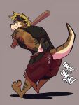 alternative_fashion anthro barefoot baseball_bat bat_(object) belt biceps black_belt black_clothing black_shirt black_tank_top black_topwear blonde_hair bottomwear brown_body brown_fur butt butt_focus butt_outline butt_slap canid canine canis clothing cocky cocky_smile delinquent domestic_dog dominant dominant_anthro dominant_male fangs feet flirting flirting_look flirting_with_viewer frat_boy fur gangsta hair hi_res holding_baseball_bat hybrid jock kyo_(kiasano) looking_at_viewer low-angle_view male mammal manly markings mohawk muscular muscular_anthro muscular_male mustelid otter presenting presenting_hindquarters punk rebel red_bottomwear red_clothing red_shorts seducing_viewer seductive shadow shirt shorts showing_off_butt skater skipperz slap slapping_own_butt slapping_self smacking smacking_ass smacking_butt solo spanking spanking_focus spanking_own_butt spanking_self striped_body striped_fur striped_markings striped_tail stripes tail tail_markings tank_top teasing teasing_viewer teeth thick_arms tongue tongue_out topwear