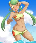  ;d arm_up bandeau bare_shoulders bikini blue_sky blush breasts cleavage cloud commentary_request covered_nipples dark_skin day floral_print gen_1_pokemon green_eyes green_hair hair_ornament happy hips large_breasts long_hair mao_(pokemon) navel ocean one_eye_closed open_mouth pokemon pokemon_(anime) pokemon_(creature) pokemon_sm_(anime) sky smile solo staryu stomach strapless swimsuit tof trial_captain twintails underboob wading water 