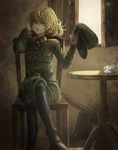  blonde_hair blue_eyes boots chair crossed_legs cup hat hat_removed headwear_removed highres iron_cross looking_at_viewer military military_hat military_uniform parted_lips saucer short_hair sitting solo sugi87 tanya_degurechaff teacup uniform youjo_senki 