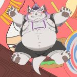  2019 anthro behemoth_(housamo) belly blush clothing eyes_closed food horn humanoid_hands male monster moobs navel nipples overweight overweight_male pants puss3250 solo teeth tokyo_afterschool_summoners video_games 