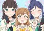  3girls adversarial_noise aqua_eyes azalea_(love_live!) black_hair blue_hair bow brown_eyes brown_hair cherry_blossoms closed_eyes commentary_request diploma diploma_tube double_v falling_petals flower green_neckerchief grey_sailor_collar hair_flower hair_ornament hairclip highres holding holding_diploma kunikida_hanamaru kurosawa_dia long_hair looking_at_viewer love_live! love_live!_sunshine!! matsuura_kanan mole mole_under_mouth multiple_girls neckerchief open_mouth petals ponytail sailor_collar school_uniform smile twitter_username uranohoshi_school_uniform uzukibox47 v yellow_bow 