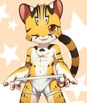  abs athletic blush bulge claws clothed clothing cub cute_fangs feline front_view jockstrap looking_at_viewer male mammal one_eye_closed pawpads raier smile solo standing tiger topless underwear underwear_pull unrealplace wink young 
