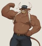 2025 2_horns 5_fingers anthro baseball_cap belt big_muscles blonde_facial_hair blue_baseball_cap blue_clothing blue_headwear bottomwear bovid bovine brown_belt brown_body brown_fur brown_nipples cattle clothing curtis_wuedti denim denim_bottomwear denim_clothing ear_piercing ear_tag english_text facial_hair facial_piercing fingers flexing flexing_bicep front_view fur furgonomic_headwear furgonomics grey_background grey_bottomwear grey_clothing grey_jeans grey_pants hand_on_hip hat headgear headwear hi_res horn jeans male mammal miro_(curtis_wuedti) monotone_body monotone_fur muscular muscular_anthro muscular_male navel nipples nose_piercing nose_ring open_mouth open_smile pants pecs piercing portrait ring_piercing shirt simple_background smile solo star tail text three-quarter_portrait topwear white_clothing white_shirt white_topwear