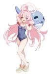  1girl absurdres ahoge ankle_scrunchie blue_archive blue_eyes blue_one-piece_swimsuit competition_school_swimsuit covered_navel crocs full_body hair_bobbles hair_ornament halo heterochromia highres hisi_978 hoshino_(blue_archive) huge_ahoge inflatable_dolphin inflatable_toy long_hair looking_at_viewer low_twintails one-piece_swimsuit pink_hair pink_halo school_swimsuit scrunchie simple_background smile solo swimsuit twintails white_background yellow_eyes 