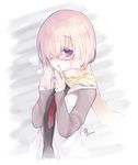  :o artist_name bangs blush breath eyebrows_visible_through_hair fate/grand_order fate_(series) glasses hair_over_one_eye half-closed_eyes hands_up hood hoodie lavender_hair looking_at_viewer mash_kyrielight necktie open_mouth purple_eyes red_neckwear rimless_eyewear sanom scarf short_hair signature simple_background sketch solo upper_body white_background yellow_scarf 