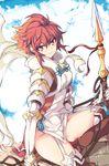  arm_guards armor bad_id bad_pixiv_id boots breasts dress echizen_(hvcv) eyebrows_visible_through_hair fire_emblem fire_emblem_if garter_straps groin highres hinoka_(fire_emblem_if) holding holding_weapon looking_at_viewer polearm red_eyes red_hair scarf short_dress short_hair shoulder_armor sitting small_breasts smile solo spear thigh_boots thighhighs thighs weapon 