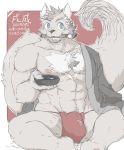  2018 abs anthro black_nose blue_eyes bulge canid canine canis chest_tuft clothed clothing digital_media_(artwork) fundoshi iwano.kal_(artist) japanese_clothing looking_away male mammal muscular open_shirt paintbrush pecs pubes red_background simple_background sitting solo tuft underwear wolf 