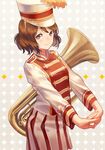  arched_back band_uniform brown_eyes brown_hair cowboy_shot euphonium fingernails hat hat_feather hat_ornament hibike!_euphonium instrument jacket long_sleeves looking_at_viewer medium_hair norizc oumae_kumiko own_hands_together pleated_skirt skirt smile solo top_hat white_jacket white_skirt 