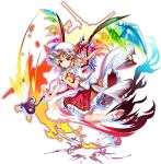  1girl ascot blonde_hair blood blood_on_clothes bobby_socks bow breasts closed_mouth collared_shirt crystal crystal_wings embellished_costume flandre_scarlet frilled_shirt_collar frilled_skirt frills full_body game_cg hat hat_ribbon highres holding laevatein_(touhou) long_hair looking_at_viewer mary_janes mob_cap multicolored_wings official_art one_side_up puffy_short_sleeves puffy_sleeves rainbow_order red_eyes red_nails red_ribbon red_shoes red_skirt red_vest ribbon rotte_(1109) shirt shoes short_sleeves skirt skirt_set smile socks solo third-party_source torn_clothes touhou touhou_lostword transparent_background vest white_bow white_hat white_shirt white_socks wings yellow_ascot 