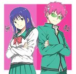  1girl azechi bad_id bad_pixiv_id blue_eyes blue_hair crossed_arms long_hair pink_hair saiki_kusuo saiki_kusuo_no_psi_nan school_uniform serafuku teruhashi_kokomi translated 