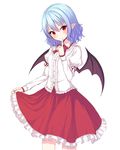  alternate_costume bat_wings blue_hair blush closed_mouth cowboy_shot dress_shirt finger_to_mouth frilled_shirt_collar frills hair_between_eyes junior27016 long_sleeves looking_at_viewer no_hat no_headwear pointy_ears puffy_long_sleeves puffy_sleeves red_eyes red_skirt remilia_scarlet shirt short_hair skirt skirt_lift smile solo touhou tsurime white_background white_shirt wings 