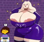 absolute_territory anthro areola areola_slip armwear big_breasts boss_monster_(undertale) bovid breasts brown_hair caprine clothed clothing curvy_figure dress duo elbow_gloves exclamation_point eyes_closed female floppy_ears flowey_the_flower frisk_(undertale) fur gloves hair handwear hi_res horn huge_breasts human imago_ic jewelry legwear male mammal mature_anthro mature_female necklace nipple_slip nipples slightly_chubby standing stockings thick_thighs thigh_highs tight_clothing tight_dress toriel undertale undertale_(series) voluptuous white_body white_fur wide_hips