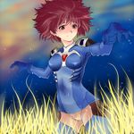  breasts brown_eyes brown_hair earrings gloves jewelry kaze_no_tani_no_nausicaa kemi_(kemi433) medium_breasts nausicaa neon_genesis_evangelion plugsuit short_hair smile solo studio_ghibli 