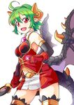  ahoge ass_visible_through_thighs contrapposto cowboy_shot demon_girl demon_horns demon_tail demon_wings elbow_gloves fang gloves green_hair highres holding holding_weapon horns kure_(oshidashi-shiki_missile) looking_at_viewer miniskirt monster_girl navel open_mouth pointy_ears red_eyes rukia_moon shinrabanshou short_hair skirt smile solo standing tail thighhighs weapon wings 