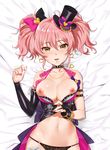  bare_shoulders bed_sheet black_gloves black_panties blush bow breasts breasts_outside choker cleavage dakimakura earrings eyelashes fingerless_gloves from_above gloves hair_bow hat idolmaster idolmaster_cinderella_girls jewelry jougasaki_mika large_breasts looking_at_viewer lying mini_hat mini_top_hat nail_polish navel nipples no_bra on_back open_clothes open_shorts panties pink_hair short_shorts shorts smile solo top_hat twintails underwear yang-do yellow_eyes 