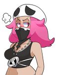  absurdres bandana bandana_over_mouth bare_shoulders beanie blush breasts cleavage covered_mouth embarrassed half-closed_eyes hat highres jewelry long_hair looking_away mask medium_breasts midriff navel necklace pink_eyes pink_hair pokemon pokemon_(game) pokemon_sm skull_hat solo tank_top team_skull team_skull_grunt transparent_background upper_body 