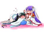  2girls armor black_hair blush breasts capelet chinese_clothes dress eyes_closed fate/grand_order fate_(series) flower hair_ornament jing_ke_(fate/grand_order) long_hair multiple_girls open_mouth ponytail purple_hair saint_martha saliva sandals thighhighs 