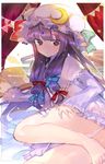  atsumi_jun blue_ribbon capelet crescent crescent_hair_ornament double_bun dress hair_ornament hair_ribbon hat hat_ribbon jitome long_hair looking_at_viewer lying mob_cap on_side patchouli_knowledge purple_eyes purple_hair red_ribbon ribbon solo striped striped_dress touhou very_long_hair 