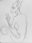  anthro clothed clothing evlampyshka hybrid looking_at_viewer male monochrome scalie sketch smile solo topless 
