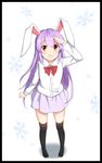  animal_ears black_border black_legwear border bunny_ears commentary_request full_body hand_on_forehead lavender_hair long_hair looking_up orange_eyes red_eyes reisen_udongein_inaba ribbon shirt skirt snowflake_background snowflakes solo thighhighs touhou very_long_hair xialuluo_(sharuro) younger 