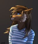  anthro canine clothed clothing evlampyshka fangs female fur hair looking_at_viewer mammal smile solo teeth 