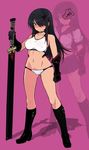  ass_visible_through_thighs bare_legs black_hair blush boots bra breasts choker covered_nipples ear_piercing eyepatch full_body gauntlets gradient_hair groin hair_over_one_eye highres horn large_breasts long_hair looking_at_viewer multicolored_hair navel null_(nyanpyoun) original panties piercing red_hair school_uniform serafuku sheath sheathed simple_background skirt solo stomach sword two-tone_hair underwear underwear_only weapon white_bra white_panties zoom_layer 