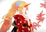  backlighting blonde_hair closed_eyes flower furisode hair_flower hair_ornament happy horn hoshiguma_yuugi japanese_clothes kimono long_hair obi oni open_mouth ponytail poyosuke red_kimono sash sidelocks solo touhou very_long_hair wavy_hair 