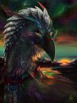  amber_eyes armor baphometall beak black_beak chair collar detailed_background digital_media_(artwork) feathers feral sky solo sun 