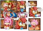  2017 amy_rose anthro boots breasts brown_fur chipmunk clothed clothing comic dialogue dress english_text food footwear fur hair hearlesssoul hedgehog mammal midriff panties pink_fur pink_hair red_hair rodent sally_acorn sonic_(series) text underwear 