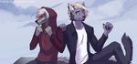  anthro canine clothed clothing duo ear_piercing evlampyshka feline fur hair male mammal open_mouth piercing plgdd smile teeth 