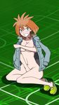  1girl artist_request ass azusa_(pokemon) blush breast_hold breasts brown_eyes cleavage covering embarrassed kneeling large_breasts looking_at_viewer midriff naked_coat navel nintendo no_bra no_panties nude orange_hair pokemon sandals short_hair solo tears 