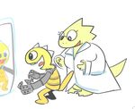  alphys ambiguous_gender armless clothed clothing comic duo excited eyewear female glasses happy isabunnie isarun lab_coat mirror monster_kid open_mouth prosthetic scalie shirt simple_background teeth tongue tongue_out undertale video_games white_background 