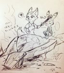  ... aircraft airplane anthro arctic_fox canine clothed clothing dialogue disney female fox jack_savage lagomorph male mammal monochrome rabbit size_difference skye_(zootopia) star tan_po_po_tan text tools traditional_media_(artwork) translation_request wrench zootopia 