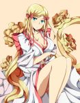  1girl alternate_hairstyle bangs bare_legs blonde_hair blue_eyes bow breasts chestnut_mouth cleavage cosplay flower guilty_gear hair_bow hair_flower hair_ornament highres japanese_clothes kimono large_breasts legs_together long_hair millia_rage mishima_kazumi mishima_kazumi_(cosplay) no_bra olly_(ollycrescent) parted_bangs prehensile_hair simple_background sitting solo tekken tekken_7 very_long_hair white_kimono 