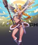  alternate_costume alternate_hairstyle arm_up armor armpits belt bikini_armor blonde_hair blue_eyes boots braid breastplate breasts feathers forehead_protector fur_collar greaves head_wings highres littleamber loincloth long_hair medium_breasts mercy_(overwatch) miniskirt navel overwatch scabbard sheath shield single_braid skirt solo staff stomach sword valkyrie valkyrie_mercy very_long_hair weapon 
