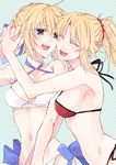  9tsumura ahoge artoria_pendragon_(all) artoria_pendragon_(swimsuit_archer) bikini blonde_hair fate/apocrypha fate/grand_order fate/stay_night fate_(series) green_eyes hug long_hair midriff mordred_(fate) mordred_(fate)_(all) mordred_(swimsuit_rider)_(fate) mother_and_daughter multiple_girls navel ponytail saber smile swimsuit 
