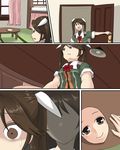  brown_hair chikuma_(kantai_collection) chikuma_mask comic commentary_request elbow_gloves face faceless faceless_female gloves hair_ribbon highres kantai_collection kiritto long_hair mask multiple_girls remodel_(kantai_collection) ribbon silent_comic single_elbow_glove sweat tone_(kantai_collection) twintails 
