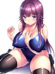  between_breasts black_legwear blue_eyes blue_swimsuit blush breasts competition_school_swimsuit covered_nipples curvy eyebrows_visible_through_hair hair_ornament hair_over_breasts hairclip hand_on_own_chest highres huge_breasts long_hair one-piece_swimsuit original puffy_nipples purple_hair sidelocks simple_background sitting smile solo swimsuit thick_thighs thighhighs thighs tsukumiya_amane wariza wet 