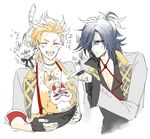  ^_^ animal animal_on_shoulder blonde_hair breastplate closed_eyes fox gokotai's_tigers grey_hair hair_over_one_eye konnosuke laughing male_focus multiple_boys nair nakigitsune's_fox oodenta_mitsuyo open_mouth pointing smile sohaya-no-tsurugi tiger tiger_cub touken_ranbu white_tiger 