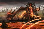  baphometall day demon digital_media_(artwork) horn lava membranous_wings open_mouth outside sky solo standing taur teeth wings 