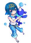  :o baggy_pants bangs bare_shoulders blue_eyes blue_hair blue_sailor_collar blush bubble capri_pants closed_eyes eyebrows_visible_through_hair feet flip-flops full_body gen_7_pokemon hair_between_eyes hair_ornament highres hug ishimu looking_at_viewer open_mouth pants pokemon pokemon_(creature) pokemon_(game) pokemon_sm popplio ribbon-trimmed_pants ribbon_trim sailor_collar sandals short_hair simple_background sleeveless solo suiren_(pokemon) swimsuit swimsuit_under_clothes trial_captain white_background 